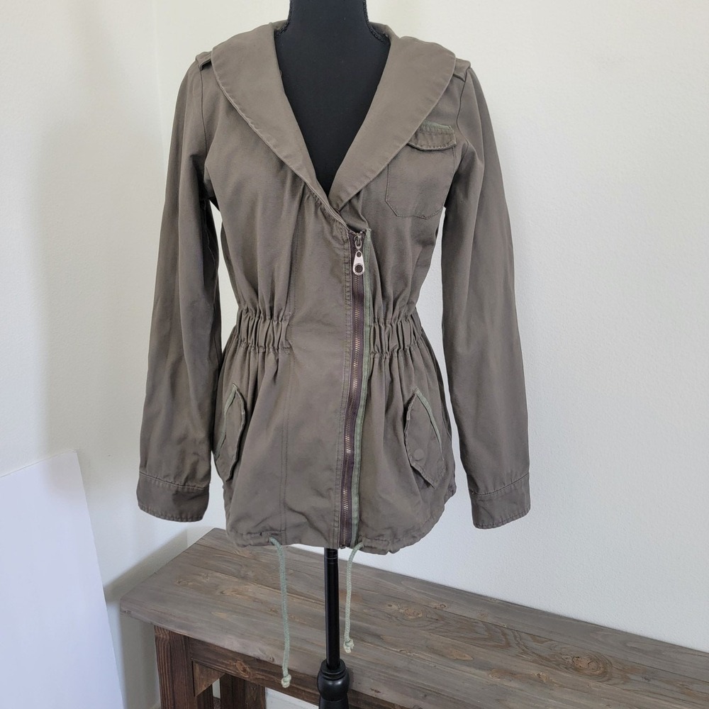 O'Neill Womens Olive Green Asymmetrical Zip Utility Jacket Medium Cinch Waist